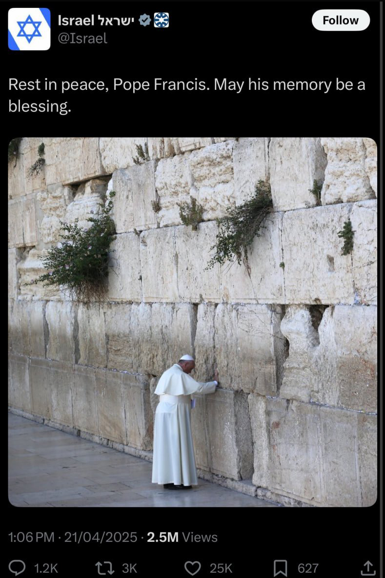 Israel deletes its Pope Francis condolence tweet