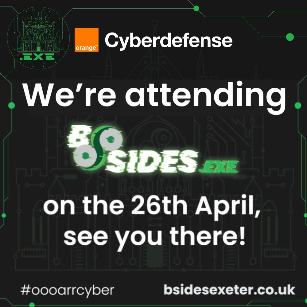 Orange Cyberdefense will be at BSides Exeter this weekend! 🧡
 
Date: Saturday 26th April 
Time: 9am - 5pm
Location: Exeter University, The Forum
 
👀 Still need tickets? Grab yours and check out the schedule here: ow.ly/XGWN50VGXUK