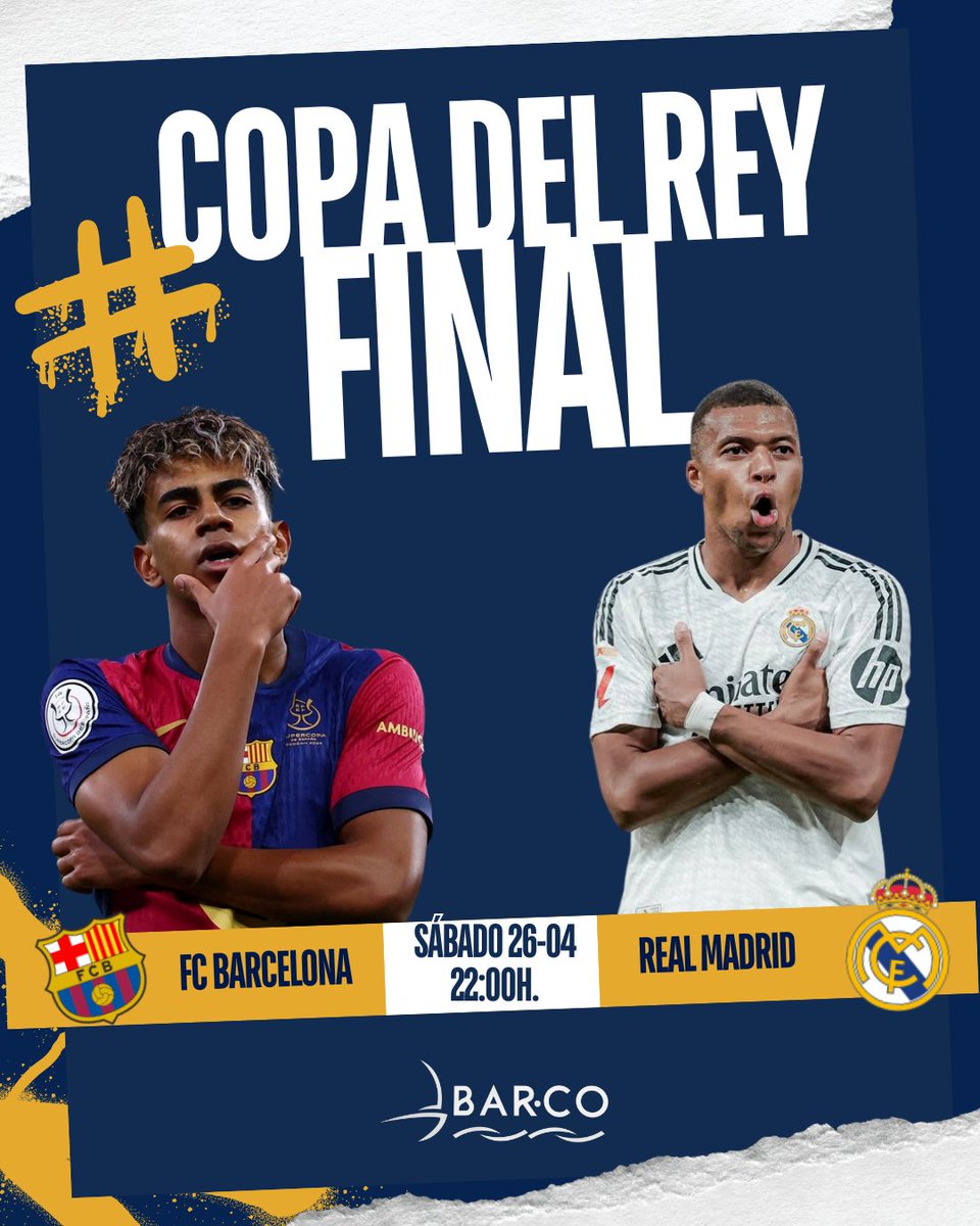 🔥 ¡La Final de la Copa del Rey se juega en La Cartuja… y se vive en Barco! 

⚽ Barça 🔵🔴 🆚Madrid⚪⚪
🕙 Sábado 22:00h.
📍 Estadio: La Cartuja, pero el ambientazo está en nuestra barra

Ven a ver el partidazo con buena compañía, cervezas frías y, si gana tu equipo… ¡celebra!