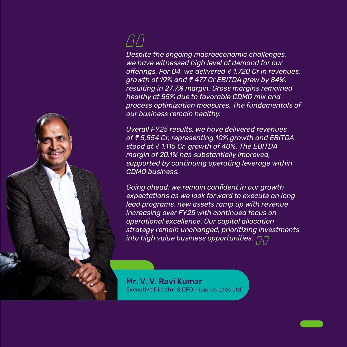 FY25 Results: #Laurus Labs posts ₹5,554 Cr in #revenue and ₹1,115 Cr in EBITDA with 20% margins. Our consistent #results are a reflection of strategic investments, operational excellence, and customer focus.