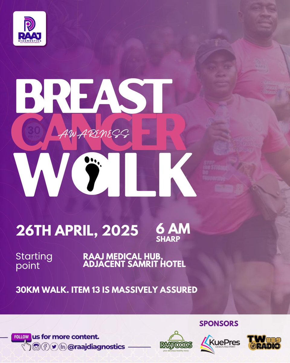 raajdiagnostics's tweet photo. Join us in raising awareness and supporting the fight against breast cancer at our upcoming walk on April 26th, 2025, just two days away! The event kicks off at the RAAJ Medical Hub in Cape Coast...
#raajbreastcancerawarenesswalk #walkwithraaj #health #healthwalk #medical https://t.co/n1kHXZ6Oat