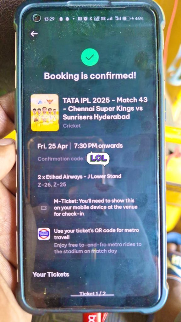 Vignesh_s14's tweet photo. Two tickets available J Lower stand for #CSKvsSRH match.interested people can DM me 
 Call me in 8124016161

#IPL2025 #ipltickets #CSK
 #ipltickets2025 https://t.co/7rNWX9D7A3