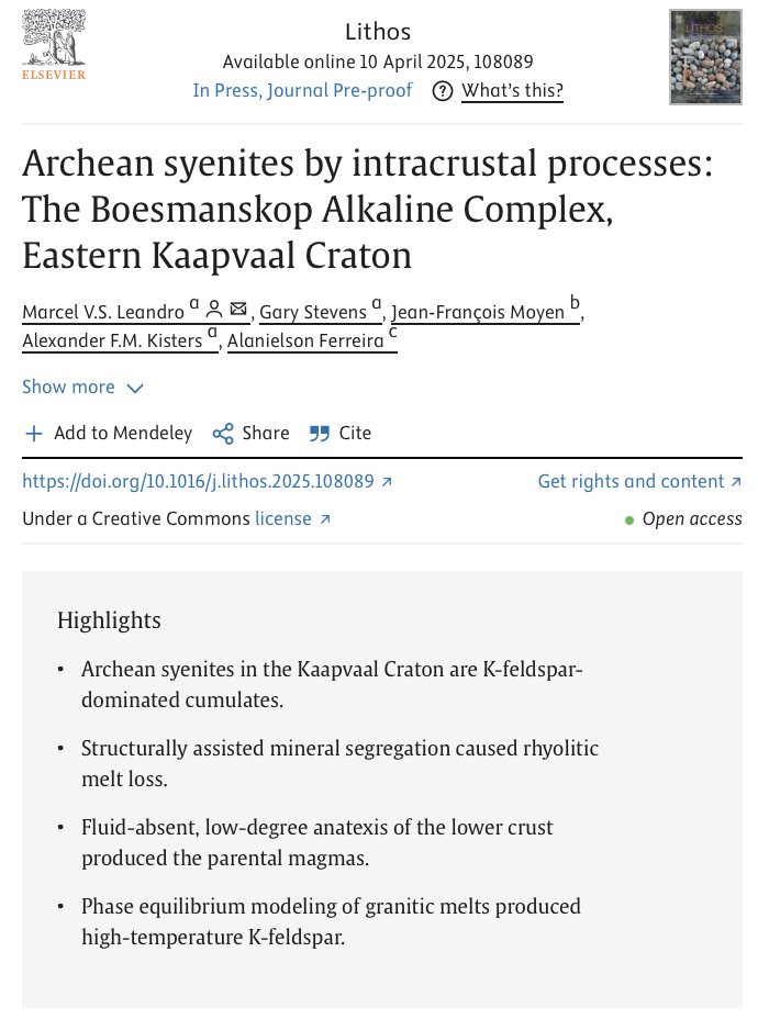 🔔 New Research Alert! We’re excited to share a new publication led by recent PhD graduate Dr Marcel Leandro, co-authored by Professors Gary Stevens and Alex Kisters, and collaborators, published in Lithos. Read it here: doi.org/10.1016/j.lith… #geotwitter
