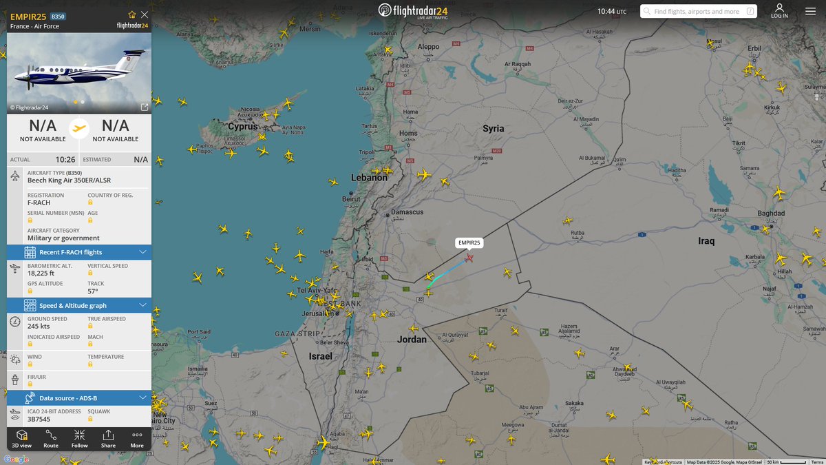 AIYeyENGDdJkjTr's tweet photo. Apr. 24, 2025
#Muwaffaq Salti Air Base, Jordan #Saladin Governorate, Iraq
#PRIMR61 #3E9808 Germany Air Force A400M Atlas
#Muwaffaq Salti Air Base, Jordan ==>
#EMPIR25 #3B7545 France Air Force Beech King Air 350ER/ALSR https://t.co/T9nJSIC9DZ