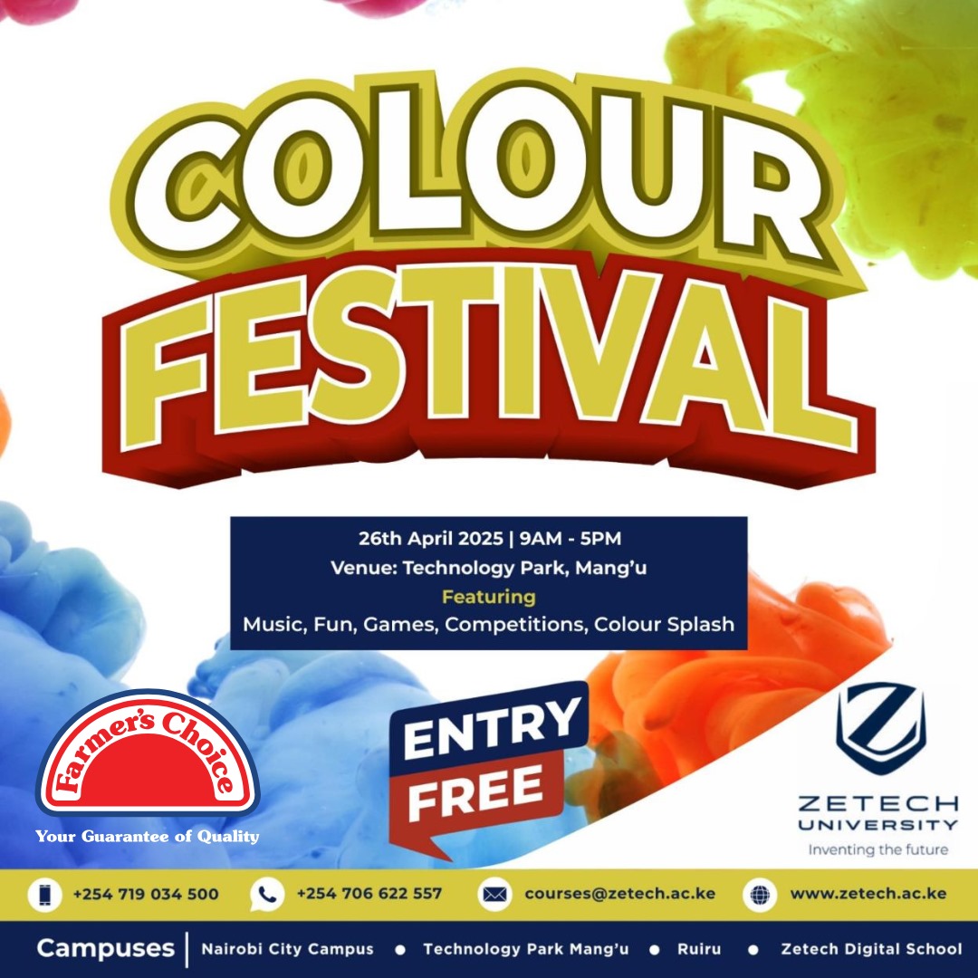We’re bringing flavour and fun to the COLOUR FESTIVAL at Zetech University this Saturday, 26th April! 🎉
Music, games, competitions, colour splash &amp; tasty bites from Farmer’s Choice await you!
ENTRY IS FREE – see you there! 
#FarmersChoiceKe #ColourFestival2025 #ZetechVibes