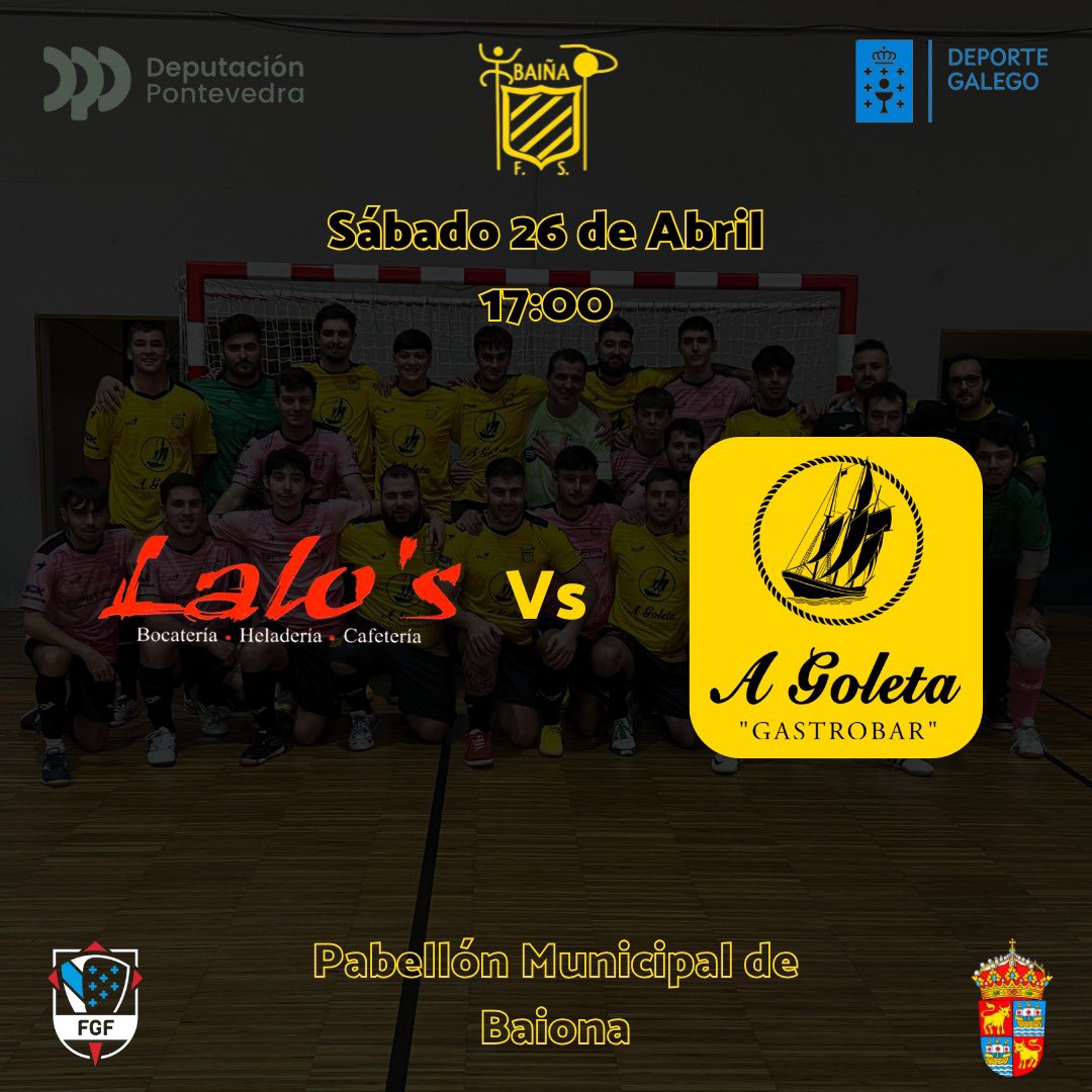 Baifutsal's tweet photo. 🤯 Cosas del fútbol sala 

Por extraño que parezca, dos de nuestros equipos senior se verán las caras 👀

🗓 Sábado 26
⏰ 17:00 H 
🏟 Pabellón Municipal de Baiona

Gracias a A Goleta y a Bocatería Lalo’s Nasas por seguir apostando por el deporte local y apoyar a nuestros equipos https://t.co/eYU32nVjEJ