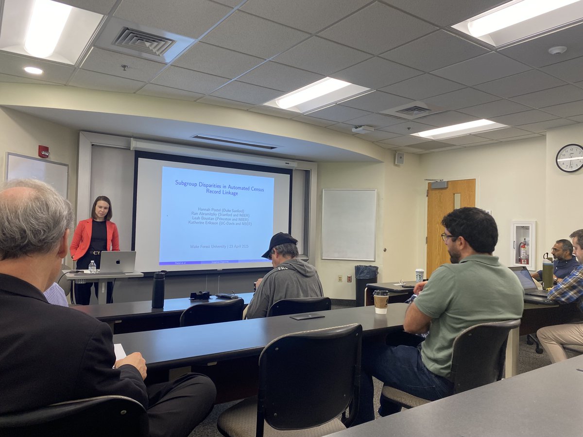 WFU Economics (@wfueconomics) on Twitter photo Yesterday we hosted Hannah Postel <a href="/hpostel/">Hannah Postel, Ph.D.</a> (Duke) for our junior workshop—thank you for visiting us!
She presented “Subgroup Disparities in Automated Census Record Linkage” (with Abramitzky, <a href="/leah_boustan/">Leah Boustan</a> & Eriksson), sparking a rich discussion on historical data and migration! Yesterday we hosted Hannah Postel <a href="/hpostel/">Hannah Postel, Ph.D.</a> (Duke) for our junior workshop—thank you for visiting us!
She presented “Subgroup Disparities in Automated Census Record Linkage” (with Abramitzky, <a href="/leah_boustan/">Leah Boustan</a> & Eriksson), sparking a rich discussion on historical data and migration!