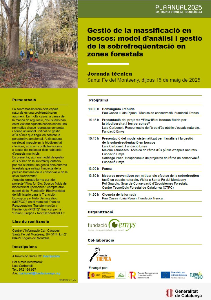Enginyeria de Forests a Catalunya (@cefcat) on Twitter photo Jornada tècnica sobre "Gestió de la massificació en boscos: model d’anàlisi i gestió de la sobrefreqüentació en zones forestals", a Santa Fe del Montseny, el 15 de maig de 2025 <a href="/fundacioemys/">Fundació Emys</a>. Inscripcions a: ruralcat.gencat.cat/web/guest/tran… Jornada tècnica sobre "Gestió de la massificació en boscos: model d’anàlisi i gestió de la sobrefreqüentació en zones forestals", a Santa Fe del Montseny, el 15 de maig de 2025 <a href="/fundacioemys/">Fundació Emys</a>. Inscripcions a: ruralcat.gencat.cat/web/guest/tran…