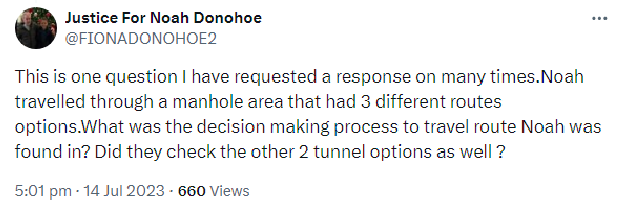 j_oconnor37's tweet photo. #JusticeForNoahDonohoe
One of Fiona D's 100s of questions is shown below- how decide to search which drains?
Still not answered in nearly 5 yrs.
Why?
Answer's simple: There's at least three drains A, B & C & we picked D because of information received.
Her right to have answers. https://t.co/GIeU5CkLag