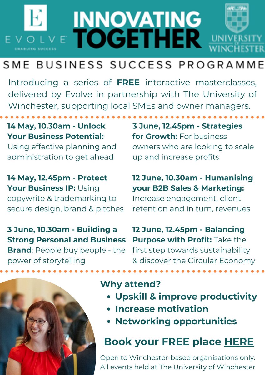 Evolve (@evolveadvisory) on Twitter photo 📢 Winchester-based SMEs!
Join us for a NEW programme of six FREE business Masterclass (14 May - 12 June) in partnership with <a href="/_UoW/">University of Winchester</a>
Find out more & book your place ➡️ evolveadvisory.co.uk/events/
#WinchesterBusiness #SMEsupport #WinchesterEvents #BusinessGrowth #CircularEconomy 📢 Winchester-based SMEs!
Join us for a NEW programme of six FREE business Masterclass (14 May - 12 June) in partnership with <a href="/_UoW/">University of Winchester</a>
Find out more & book your place ➡️ evolveadvisory.co.uk/events/
#WinchesterBusiness #SMEsupport #WinchesterEvents #BusinessGrowth #CircularEconomy