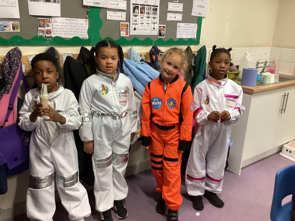 CCESchool's tweet image. To support their new topic in history, Year 1 came dressed as astronauts.
In history, they are learning about famous astronauts such as Tim Peake, Neil Armstrong, Bernard Harris Jr and Mae Jemison. 🌌