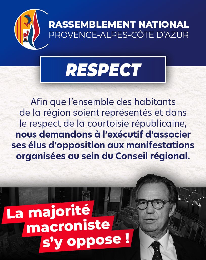 Rassemblement National PACA (@rn_paca) on Twitter photo 🟡🔴 RESPECT
Pour représenter tous les habitants de la région et par courtoisie républicaine, nous demandons à l'exécutif d’associer l’opposition aux manifestations organisées au sein du Conseil régional.
➡️ <a href="/MurielFIOL/">Muriel FIOL</a>
❌ La majorité macroniste s'y oppose ! 🟡🔴 RESPECT
Pour représenter tous les habitants de la région et par courtoisie républicaine, nous demandons à l'exécutif d’associer l’opposition aux manifestations organisées au sein du Conseil régional.
➡️ <a href="/MurielFIOL/">Muriel FIOL</a>
❌ La majorité macroniste s'y oppose !