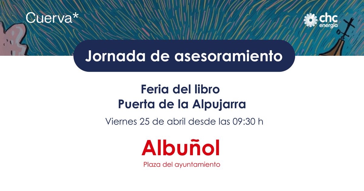 Cuerva (@cuerva) on Twitter photo Nuestra delegación de <a href="/ChcEnergia/">CHCEnergía</a> quiere estar muy cerca de ti 💫
Mañana viernes 25 de abril estará en la feria del libro de Albuñol, Granada 🥳
Te esperamos en la plaza del Ayuntamiento desde las 9:30 h.
#EnergíaDeConfianza Nuestra delegación de <a href="/ChcEnergia/">CHCEnergía</a> quiere estar muy cerca de ti 💫
Mañana viernes 25 de abril estará en la feria del libro de Albuñol, Granada 🥳
Te esperamos en la plaza del Ayuntamiento desde las 9:30 h.
#EnergíaDeConfianza