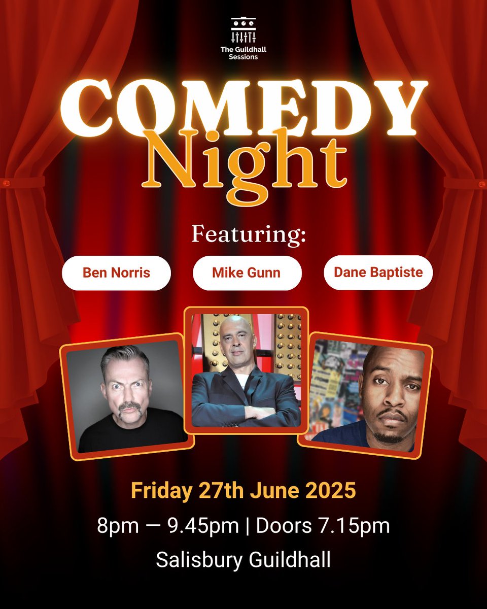 We're swapping DJs for punchlines as The Guildhall Sessions returns this summer, and it’s funnier than ever!
🎭 Comedy Night
📅 Friday 27th June
🕑 Doors 7.15pm | 8pm - 9.45pm

Head to our website to grab your tickets 👉 salisburyguildhall.co.uk/guildhall-sess…