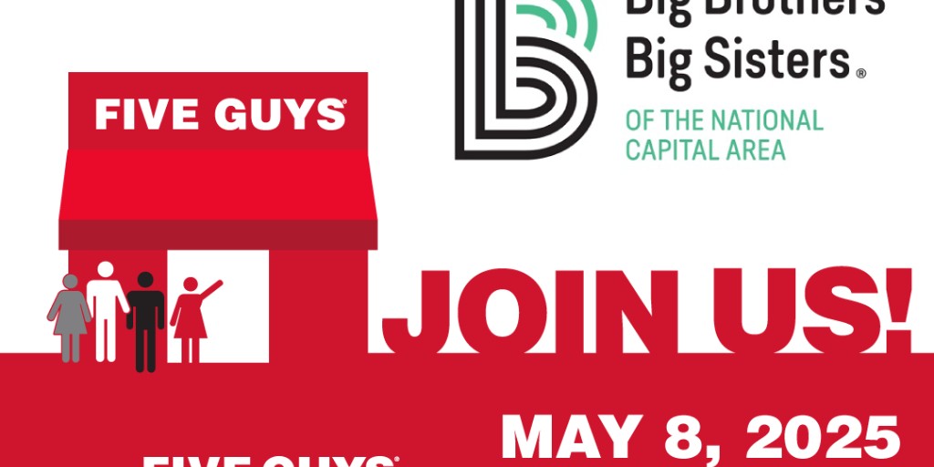 Mark your calendars! 🗓️ 
— 
Join us Thursday, 5/8 from 5 PM – 9 PM at any <a href="/FiveGuys/">Five Guys</a> location in the #DMV. 20% of your purchase will support our #mentorship programs, empowering our youth to reach their full potential. Plus, #CocaCola will match up to $5,000! 

#donate #giveback