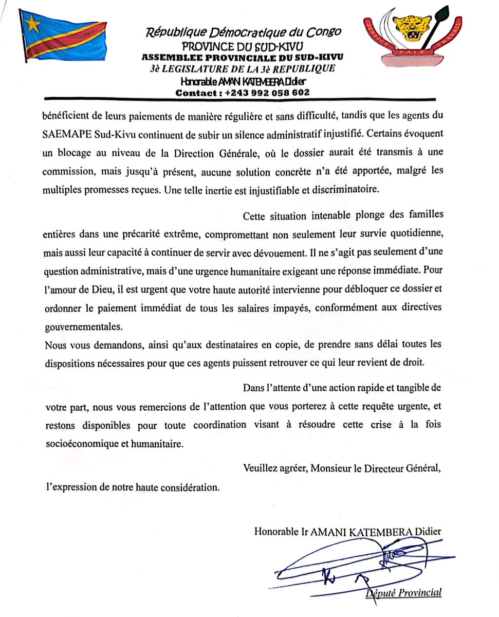Choqué par cette situation, nous venons de nous adresser au DG d SAEMAPE avk copie aux Min d Mines et Finances afin que la situation de ces dignes fils du pays soit réglée par leur hiérarchie.
Cette population est victime des conflits et mérite le soutien du Gouvernement National