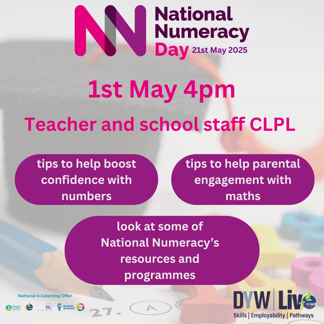 DYWLive (@dywlive) on Twitter photo Ahead of #NationalNumeracyDay the <a href="/Nat_Numeracy/">National Numeracy</a> team are leading a teacher and school staff CLPL.
Sign up here e-sgoil.com/dyw-live/event…
<a href="/eSgoil/">e-Sgoil</a> <a href="/edscot_maths/">edscot_maths</a> <a href="/DYWScot/">DYW Scotland</a> #NeLO Ahead of #NationalNumeracyDay the <a href="/Nat_Numeracy/">National Numeracy</a> team are leading a teacher and school staff CLPL.
Sign up here e-sgoil.com/dyw-live/event…
<a href="/eSgoil/">e-Sgoil</a> <a href="/edscot_maths/">edscot_maths</a> <a href="/DYWScot/">DYW Scotland</a> #NeLO