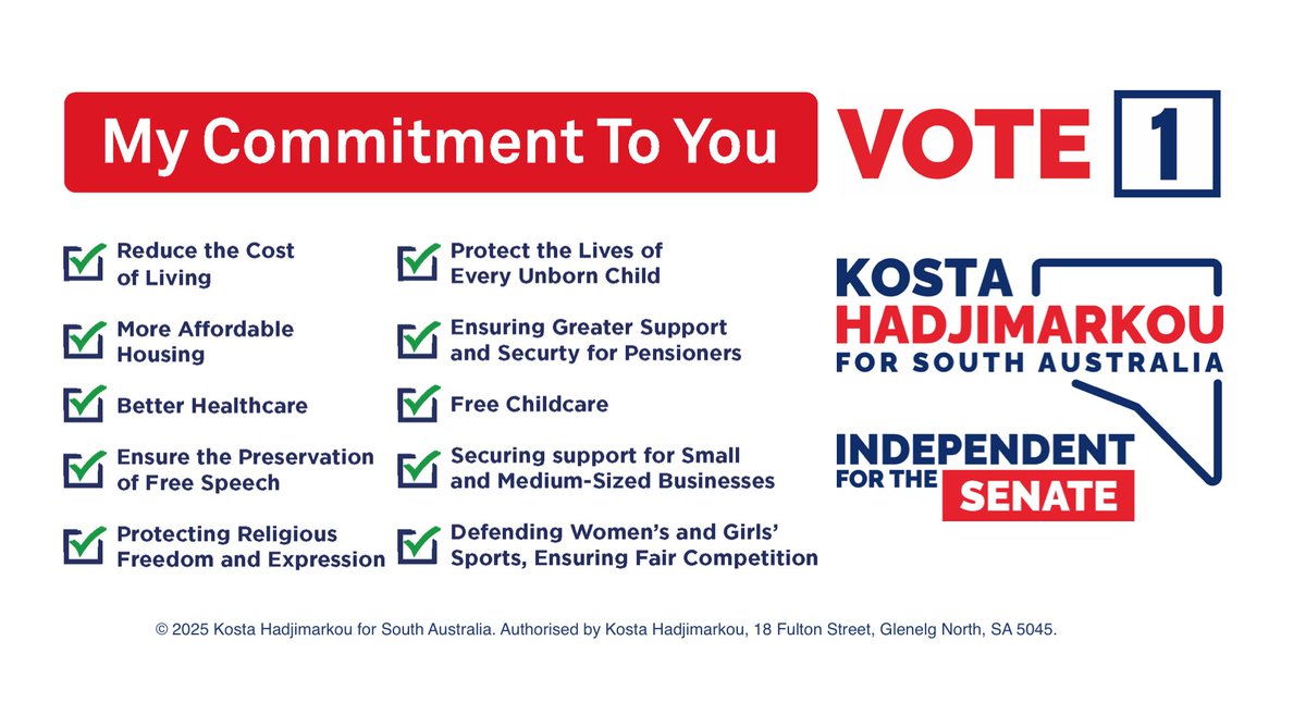 🇦🇺 Australia deserves a Senate that stands firm on values. Let’s build a stronger, fairer future together.

Vote 1 Kosta Hadjimarkou - Independent for Senate