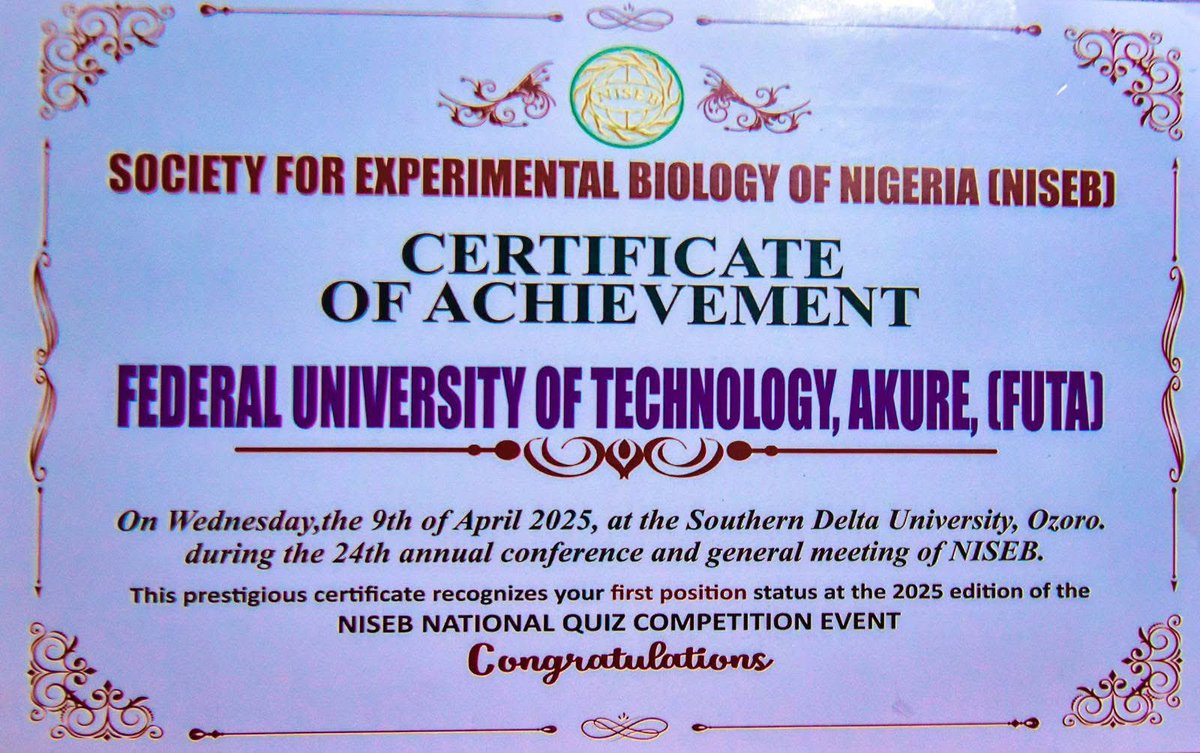TEAM FUTA DEFEATS COVENANT UNIVERSITY AND MOUNTAIN TOP UNIVERSITY TO WIN NIGERIAN SOCIETY FOR EXPERIMENTAL BIOLOGY (NISEB) 2025 NATIONAL QUIZ COMPETITION 

The team of 2 Futa Students, Ayeni Stephen Olakunle (Biochemistry Department) and Ajayi Oluwalana Victor (Biotechnology