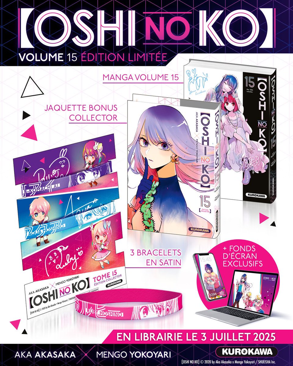 onk_fr's tweet photo. 🚨 Kurokawa annonce l’édition collector du tome 15 de Oshi no Ko

- Jaquette bonus 
- 3 bracelets en satin 
- Des fonds d'écran exclusifs à télécharger 

3 juillet, 11,50€ 🗓 https://t.co/sVbjSuOyxv