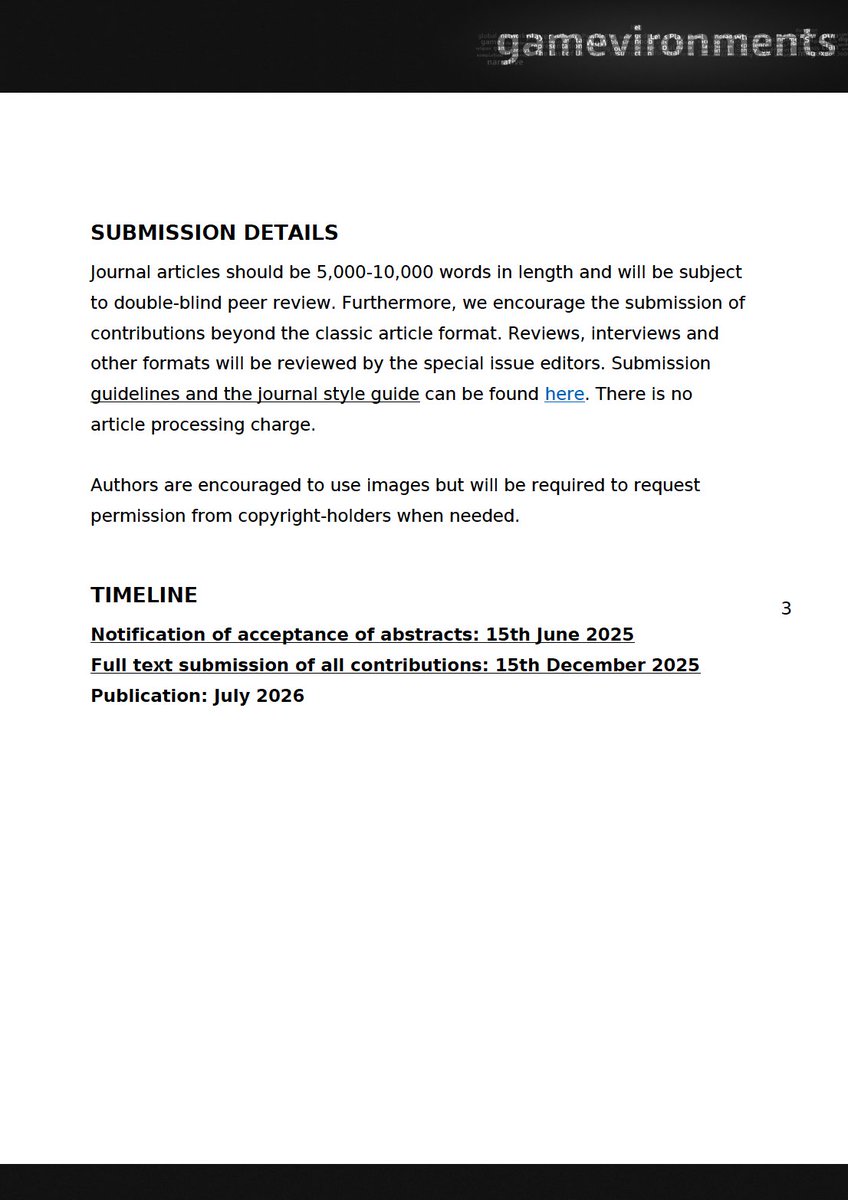 Submit now: CfP for our next Special Issue "BEYOND PLAY: THE TRANSFORMATIVE POWER OF DIGITAL GAMING IN A DEEPLY MEDIATIZED SOCIETY" is out now! Abstract submission deadline: 31.05.2025 journals.suub.uni-bremen.de/index.php/game……📩📷 #gamevironments #gaming #academics #cfp