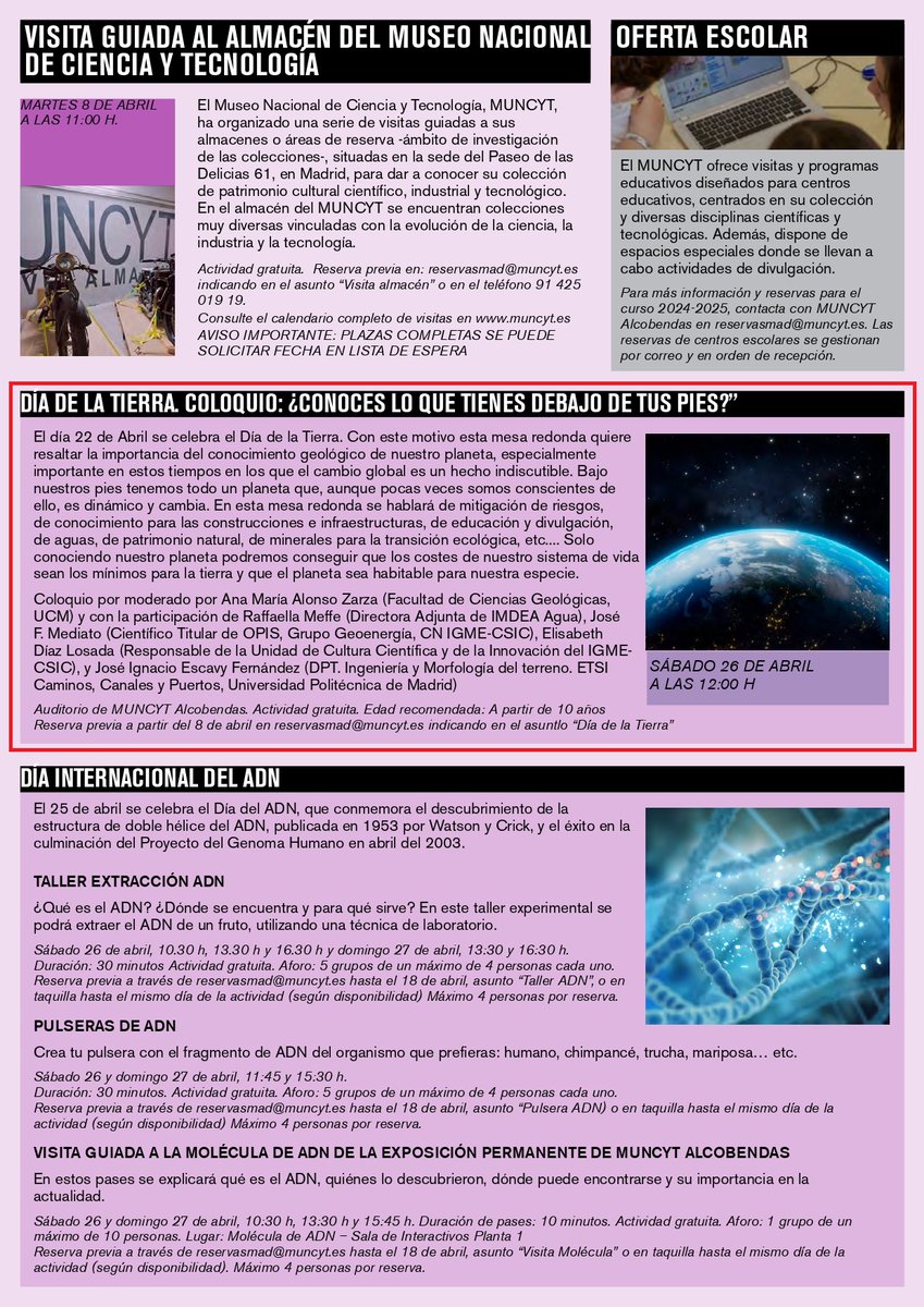 Con motivo del Día Mundial de la Tierra (22 de abril), Raffaella Meffe (investigadora principal de nuestro grupo) participará el próximo sábado 26 de abril a las 12.00 h en el coloquio "¿Conoces lo que tienes debajo de los pies?" organizado por el MUNCYT ¡Te esperamos!🌍