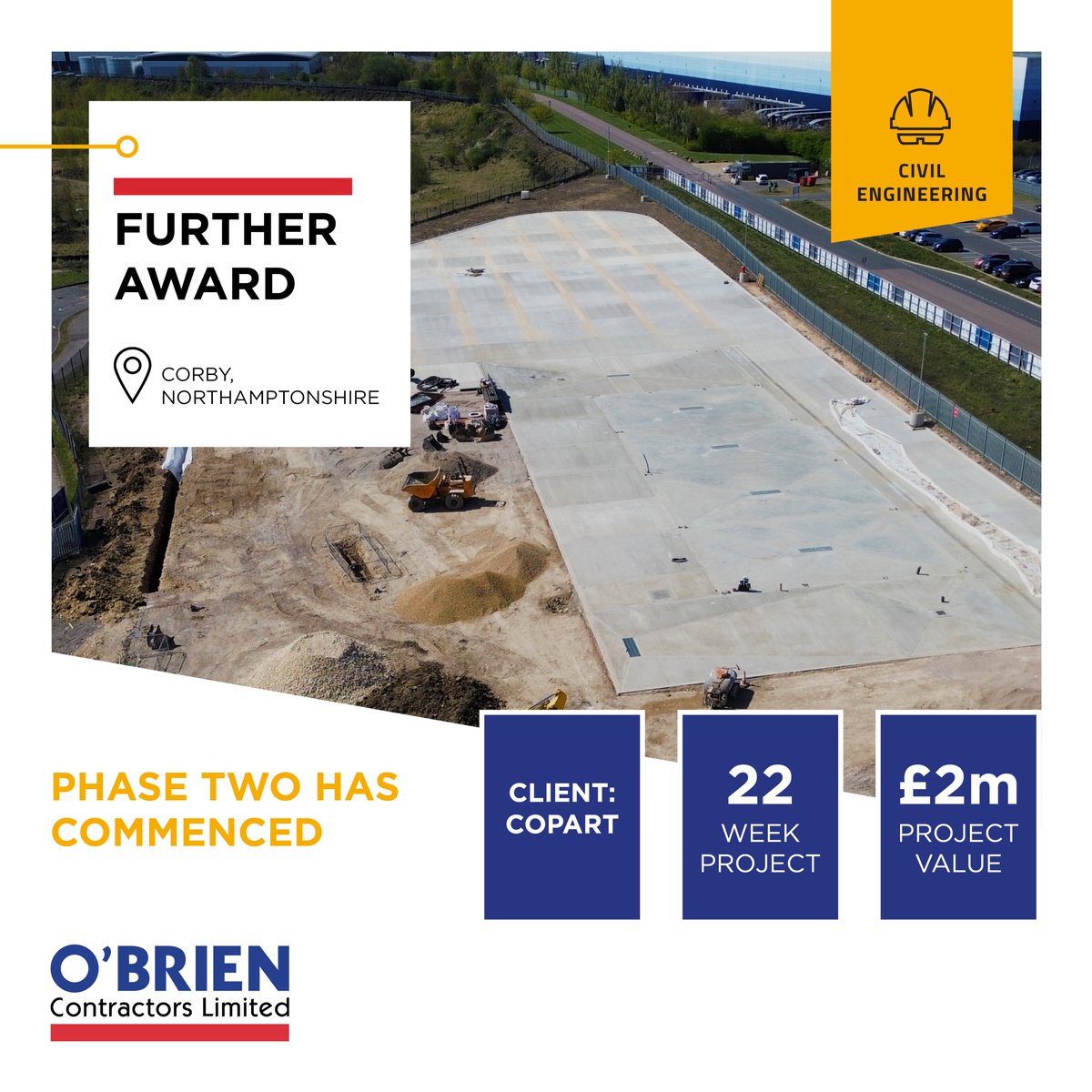 We're eager to get on site at <a href="/CopartUKLimited/">Copart UK</a>  Corby phase two: the 22-week project will deliver a four-bay vehicle preparation building, external wash area, and a 4,000m² concrete yard. 

Visit our website for more: obriencontractors.co.uk

#Construction #CivilEngineering