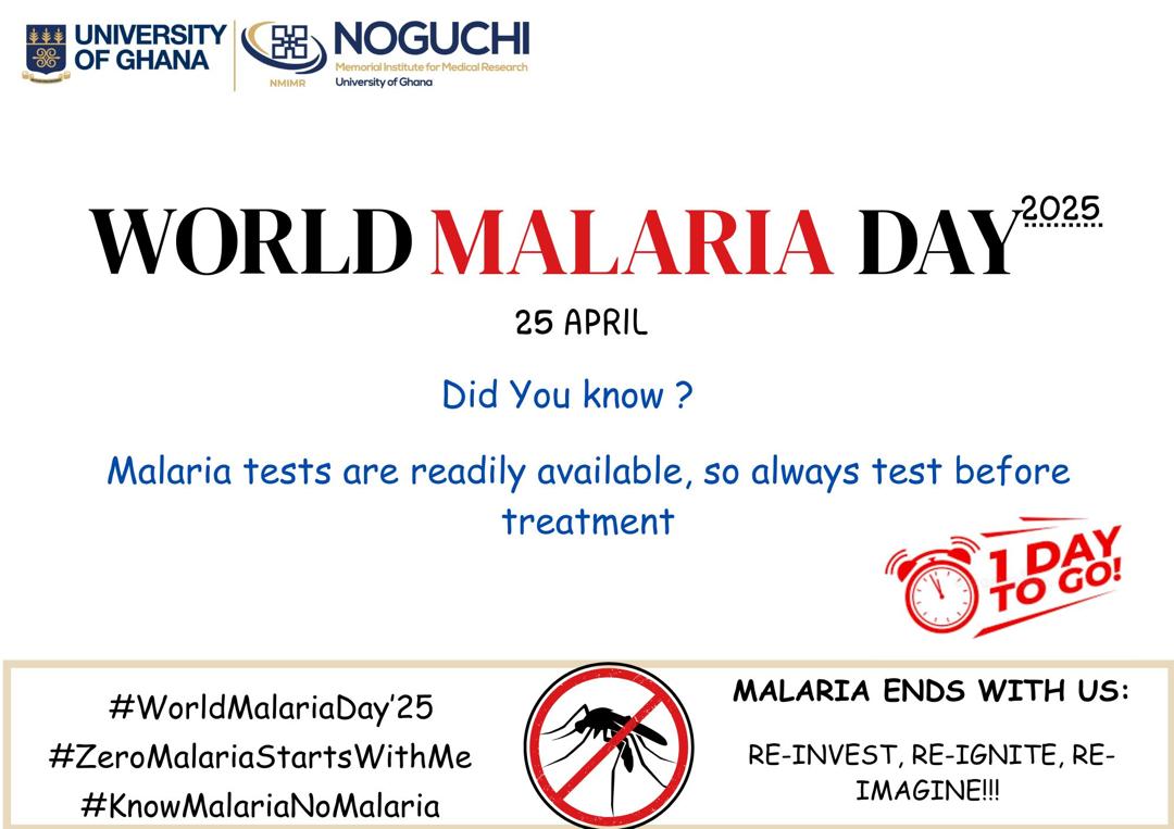 Just a day to go!

#WorldMalariaDay2025 is happening tomorrow.

As we prepare to observe this important day, we join the global call to #Reinvest, #Reimagine, and #Reignite our commitment to #endmalaria.

#MalariaEndsWithUs
#ReinvestReimagineReignite
#WorldMalariaDay2025