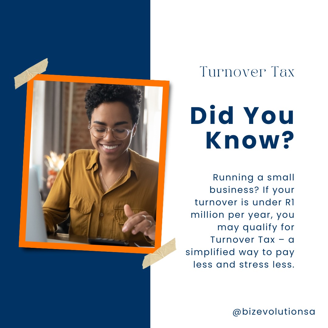 BizEvolutionSA's tweet image. #ThursdayTaxTip
Small biz with turnover under R1 million/year?

You could qualify for Turnover Tax – a simpler, lower-tax option for small businesses. 💼

Less admin. More savings.
#SARSSimplified #TurnoverTax #SmallBusinessSA #VATIncrease #BOSA The VAT #nationalinterestfirst