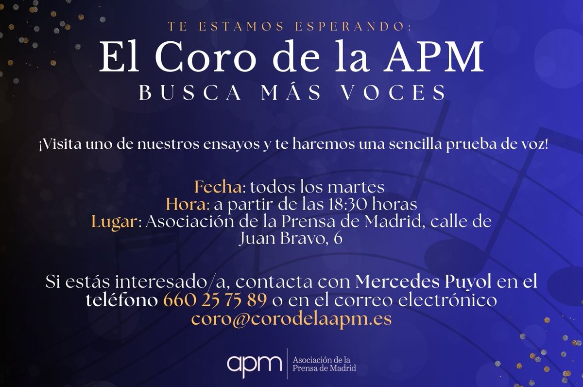 🎼 ¡El Coro de la APM busca más voces! cutt.ly/Brhs9NzI

▶️ ¿Te gusta la música y te gustaría probarte en un coro? Si es así, acude a uno de los ensayos del Coro de la APM para realizar una prueba

🗓️ Los martes, a partir de las 18:30 horas, en la sede de la APM (calle de