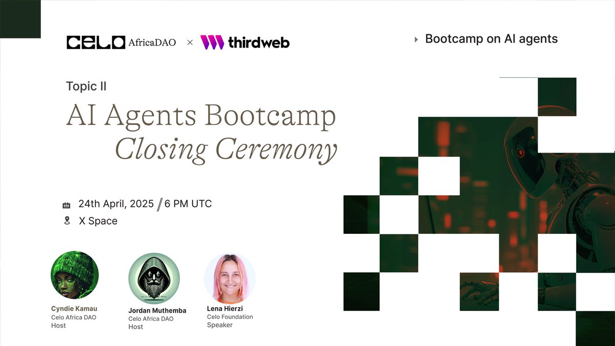 Celo Africa DAO (@celoafricadao) on Twitter photo Join us for the closing ceremony of our AI Agents Bootcamp🎊🎉🎉
Tap in to get key takeaways from the AI Bootcamp and how to move forward as we will have <a href="/GigaHierz/">gigahierz.eth | ETH Taipei 🇹🇼</a> as our speaker!!!
Date: Today!!!
Time: 6pm UTC
Venue: x.com/i/spaces/1djGX… Join us for the closing ceremony of our AI Agents Bootcamp🎊🎉🎉
Tap in to get key takeaways from the AI Bootcamp and how to move forward as we will have <a href="/GigaHierz/">gigahierz.eth | ETH Taipei 🇹🇼</a> as our speaker!!!
Date: Today!!!
Time: 6pm UTC
Venue: x.com/i/spaces/1djGX…