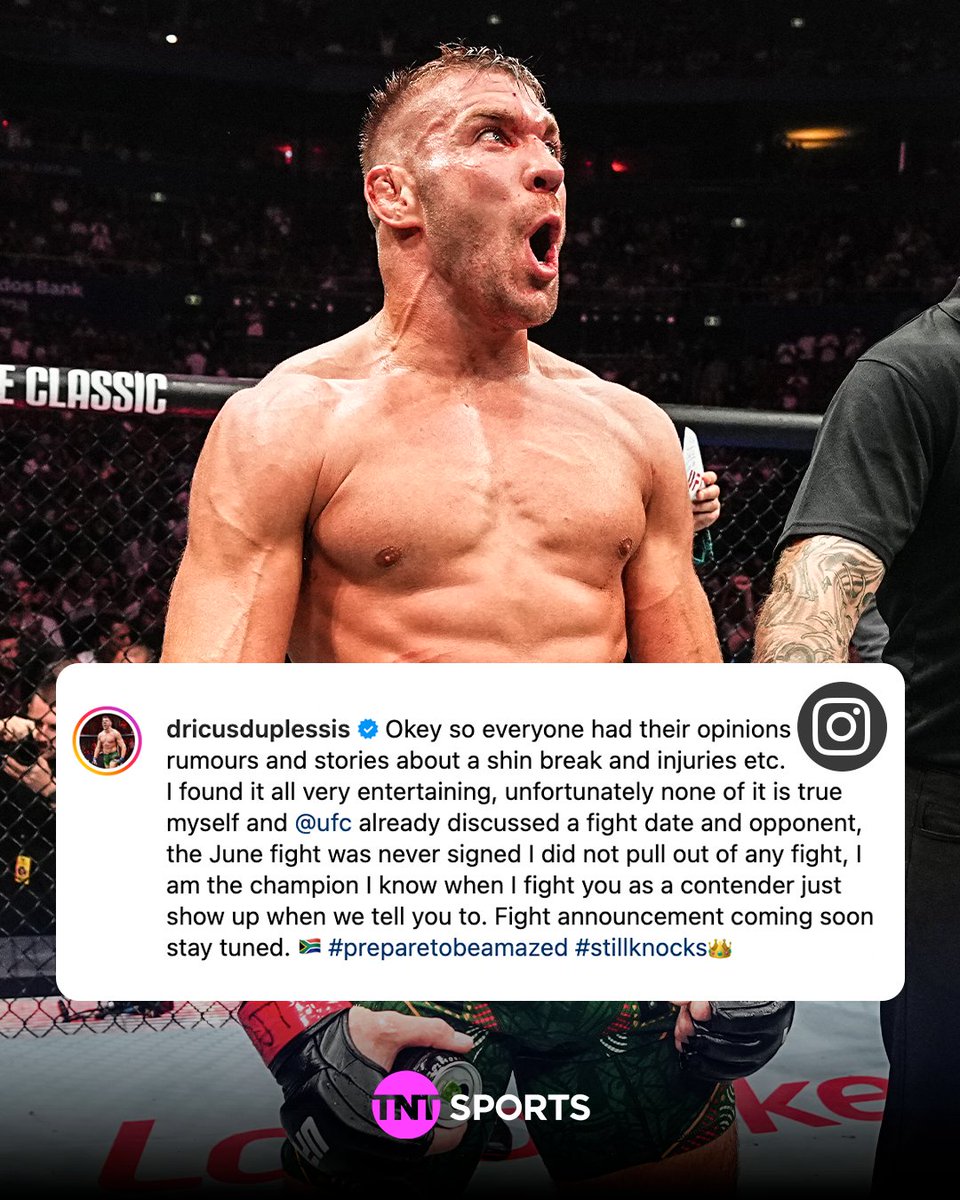UFC on TNT Sports (@ufcontnt) on Twitter photo Dricus du Plessis says he is NOT injured and has NOT pulled out of any fight ๐ฎ
<a href="/dricusduplessis/">Dricus Du Plessis</a> added a fight announcement will be 'coming soon' ๐๐ Dricus du Plessis says he is NOT injured and has NOT pulled out of any fight ๐ฎ
<a href="/dricusduplessis/">Dricus Du Plessis</a> added a fight announcement will be 'coming soon' ๐๐
