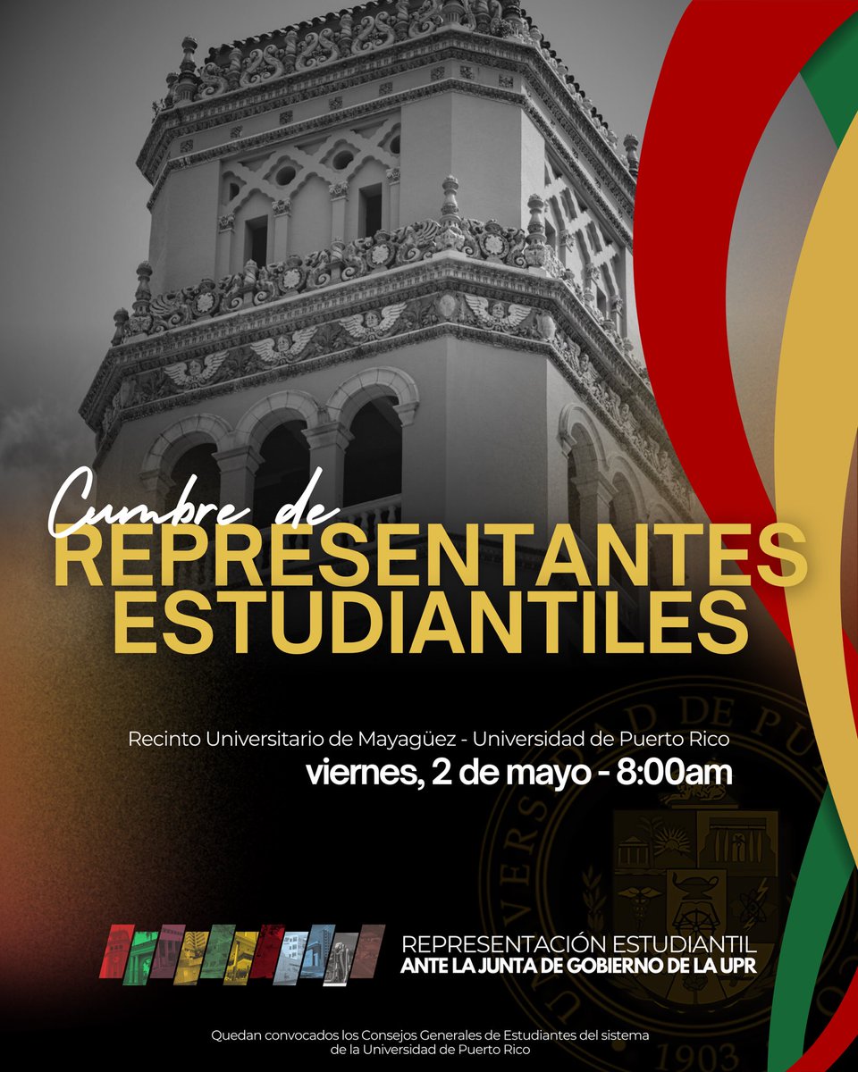 La representación estudiantil del sistema UPR convoca a sus candidatos a la presidencia, quienes sostendrán un conversatorio con los CGE.

Nos vemos en la Cumbre de Representantes Estudiantiles, este viernes, 2 de mayo a las 8:00 a.m. en el RUM.

#UPR #CumbreEstudiantil