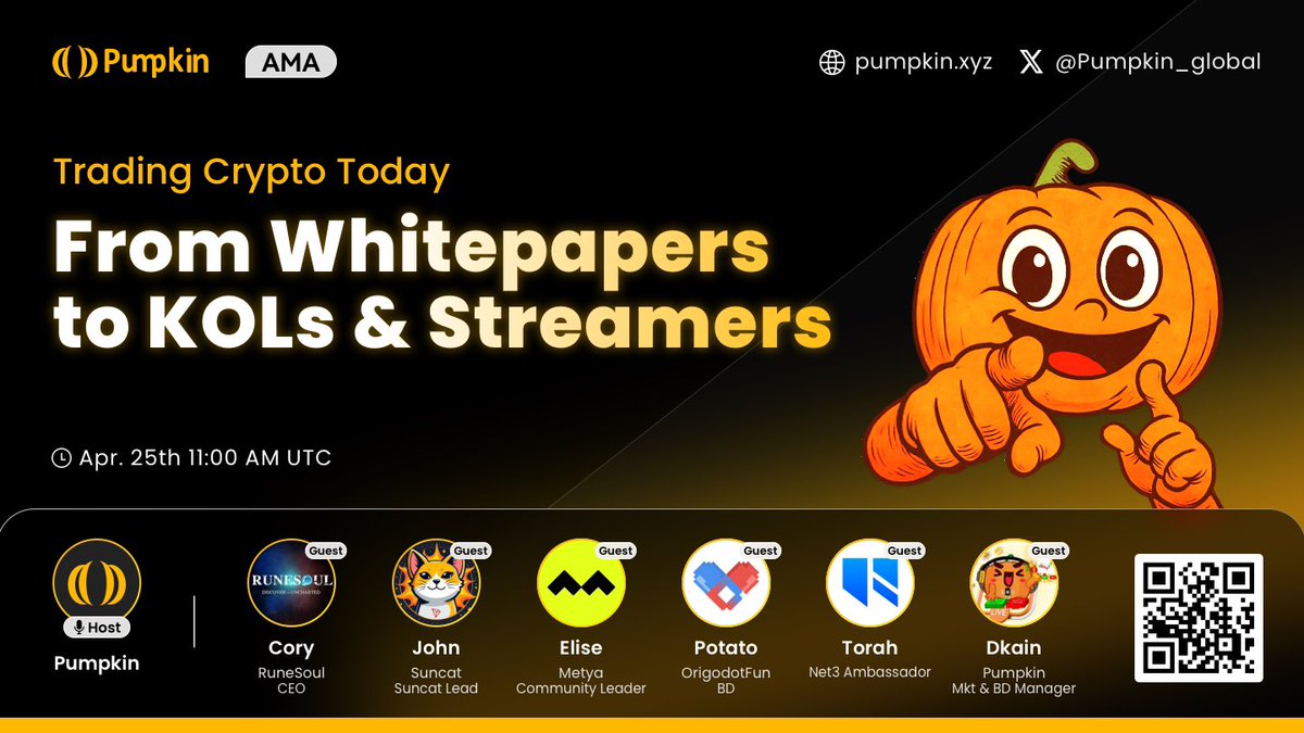 Pumpkin_global's tweet photo. 🎃Pumpkin AMA: Trading Crypto Today – From Whitepapers to KOLs & Streamers!

🗓️April 25
🕚11:00 AM UTC

💻🎥📊Crypto has changed. It’s no longer just whitepapers and forums! Now it’s TikToks, Livestreams, Spaces, and KOLs dropping alpha in real time.

🗣️Let’s talk about how the way people trade (and learn) has evolved big time. Expect good vibes, real insights, and a fresh look at how crypto trading works today.

🎙️With special guests: @runesoul_ARPG @suncatrx @metyacom @OrigodotFun @net3org @Dkain94 

🔗Set your reminder: https://t.co/QNUujVMRAS