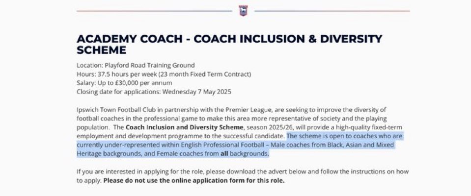 Winston Marshall (@mrwinmarshall) on Twitter photo Premier League football club Ipswich Town are hiring by race, and excluding white coaches
So much for “no room for racism” <a href="/premierleague/">Premier League</a> <a href="/kickitout/">Kick It Out</a> Premier League football club Ipswich Town are hiring by race, and excluding white coaches
So much for “no room for racism” <a href="/premierleague/">Premier League</a> <a href="/kickitout/">Kick It Out</a>