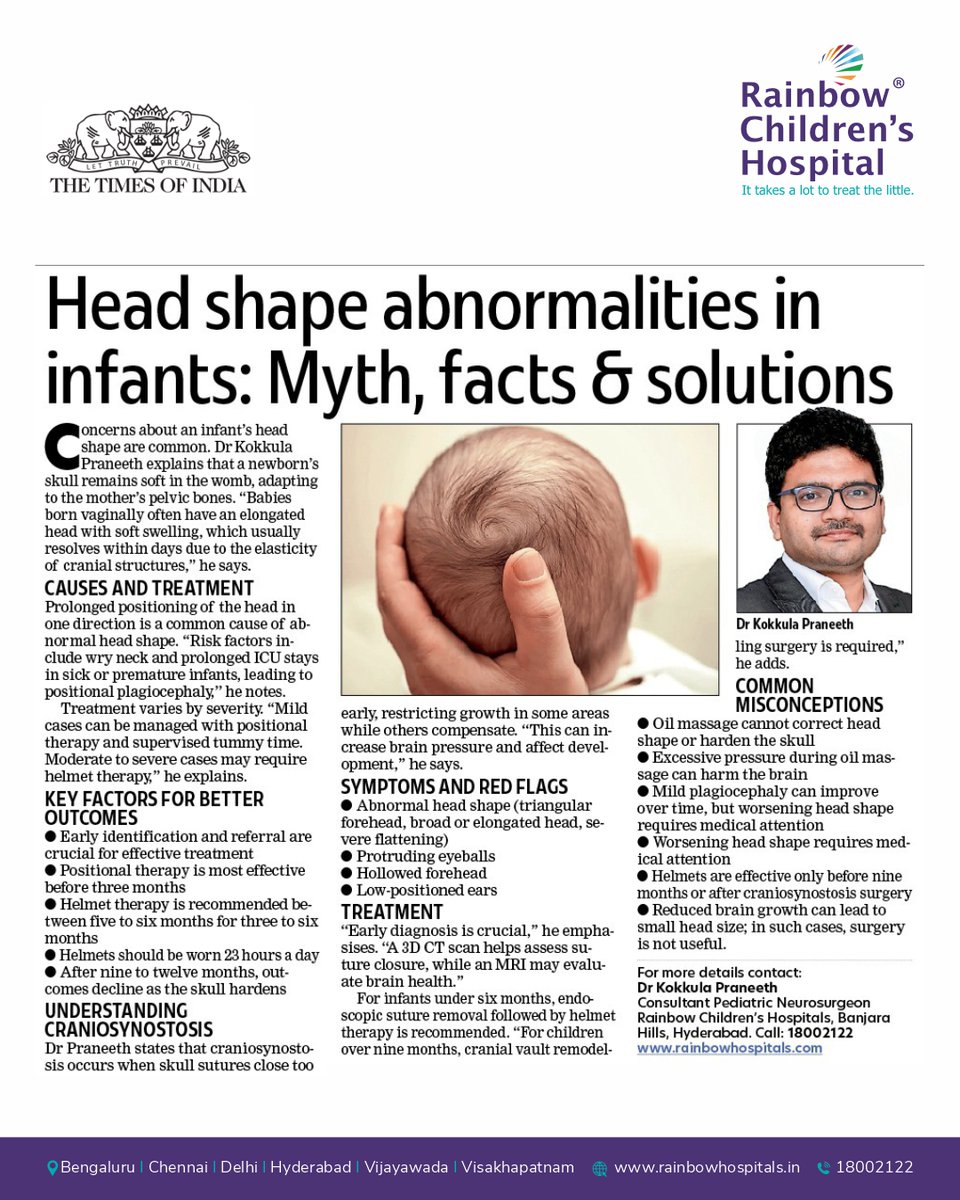 Rainbow Children's Hospitals (@rch_india) on Twitter photo Dr. Kokkula Praneeth, Consultant Pediatric Neurosurgeon at Rainbow Childrenās Hospitals, Banjara Hills, Hyderabad, sheds light on the causes, treatment, and misconceptions surrounding head shape abnormalities in infants.ā
-Published in <a href="/timesofindia/">The Times Of India</a>
ā
#Healthcare Dr. Kokkula Praneeth, Consultant Pediatric Neurosurgeon at Rainbow Childrenās Hospitals, Banjara Hills, Hyderabad, sheds light on the causes, treatment, and misconceptions surrounding head shape abnormalities in infants.ā
-Published in <a href="/timesofindia/">The Times Of India</a>
ā
#Healthcare