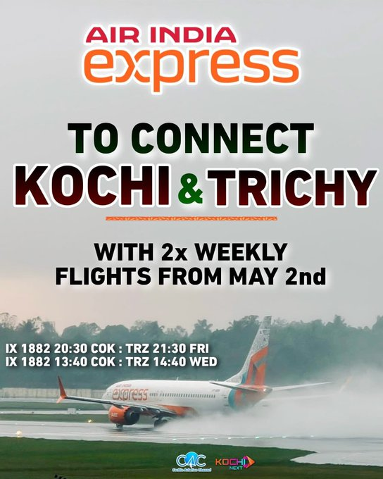 TNAviation_'s tweet photo. Air India Express (#IX) to connect Trichy with Kochi by bi-weekly flights effective 2nd May 2025.

#Trichy #Kochi #Airindiaexpress https://t.co/cT7xSGEq6c