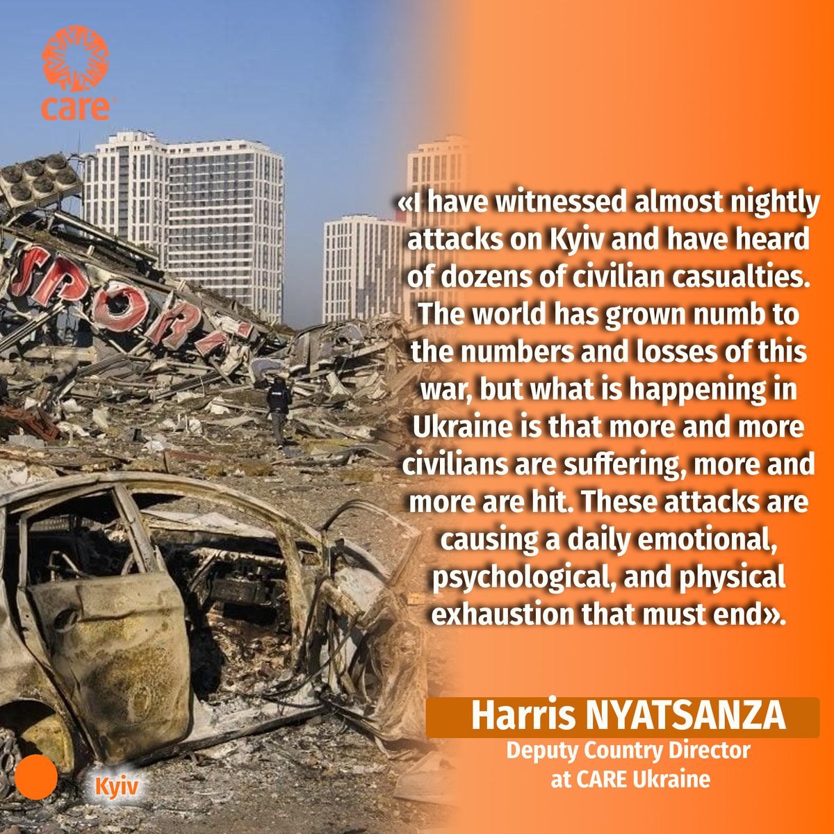 CARE Ukraine (@careukraineresp) on Twitter photo Iāve witnessed almost nightly attacks on Kyiv. The world has grown numb, but civilians suffer more each day,ā ā Harris Nyatsanza, CARE Ukraine. CARE urges protection of civilians & support for those risking their lives to help. #Ukraine #NotATarget <a href="/CARE/">CARE (care.org)</a> Iāve witnessed almost nightly attacks on Kyiv. The world has grown numb, but civilians suffer more each day,ā ā Harris Nyatsanza, CARE Ukraine. CARE urges protection of civilians & support for those risking their lives to help. #Ukraine #NotATarget <a href="/CARE/">CARE (care.org)</a>