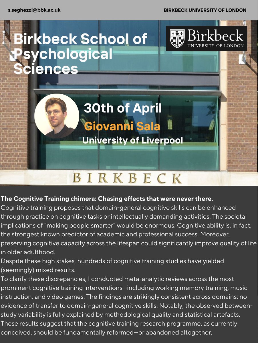 Birkbeck School of Psychological Sciences (@bbkpsychology) on Twitter photo Please join us on Wed 30th for our next lunchtime Seminar presented by Dr Giovanni Sala <a href="/LivUni/">University of Liverpool</a> who'll be discussing cognitive training research. All welcome <a href="/BirkbeckScience/">Birkbeck, Faculty of Science</a> Please join us on Wed 30th for our next lunchtime Seminar presented by Dr Giovanni Sala <a href="/LivUni/">University of Liverpool</a> who'll be discussing cognitive training research. All welcome <a href="/BirkbeckScience/">Birkbeck, Faculty of Science</a>