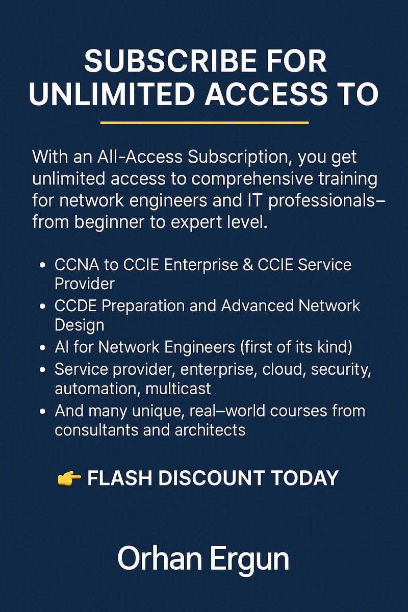 OrhanErgunCCDE's tweet image. Some of the advantages of subscribing to our website 👍 ✌️ buff.ly/0rrnVzS
#orhanergun #itcourses #networkingcourses #cisco #juniper #aws #paloalto #fortinet