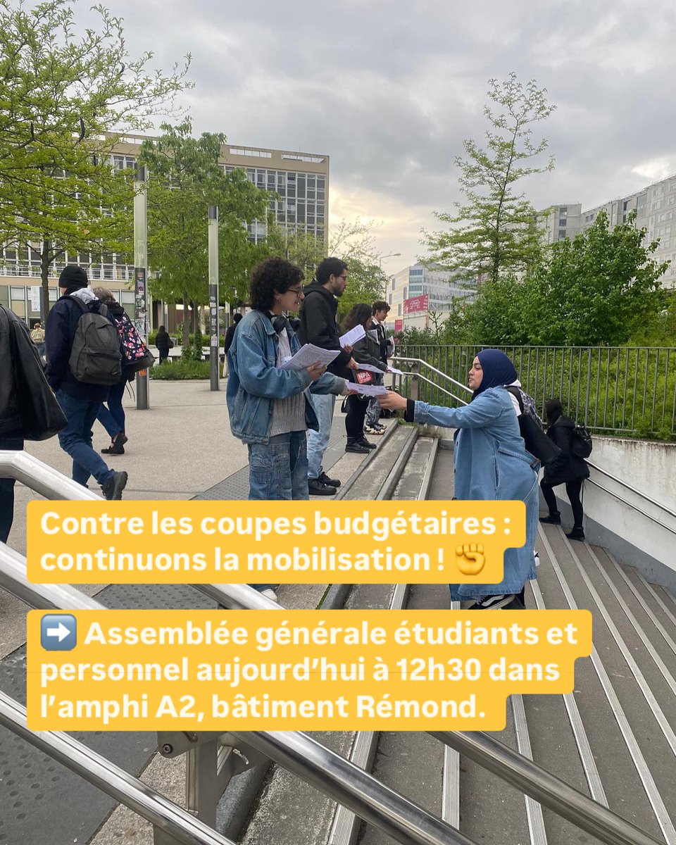 nanterreenlutte's tweet photo. Contre les coupes budgétaires : continuons la mobilisation ! ✊

➡️ Assemblée générale étudiants et personnel aujourd’hui à 12h30 dans l’amphi A2, bâtiment Rémond. https://t.co/CXAXjdcS7w