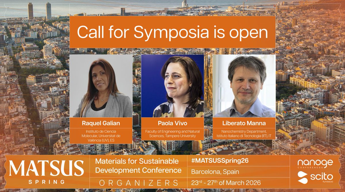Raquel E. Galian (@raquel_galian) on Twitter photo Call for symposia for MATSUS Spring 26 is still open!
#MATSUS26 will bring together multidisciplinary and applied research focused on sustainable development. Don´t miss this opportunity to be part of this great conference <a href="/nanoGe_Conf/">nanoGeConferences</a>
📍Barcelona
🗓️23rd to 27th of March, 2026 Call for symposia for MATSUS Spring 26 is still open!
#MATSUS26 will bring together multidisciplinary and applied research focused on sustainable development. Don´t miss this opportunity to be part of this great conference <a href="/nanoGe_Conf/">nanoGeConferences</a>
📍Barcelona
🗓️23rd to 27th of March, 2026