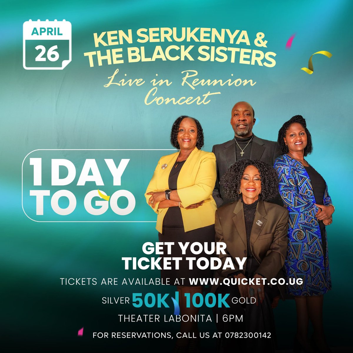 The countdown is on!
We have 1 day left to the night of spectacular yet golden music tunes courtesy of Ken Serukenya and the Black Sisters 

Get yourself a ticket today qkt.io/KenSistersLive 

#KenandtheBlackSistersLive