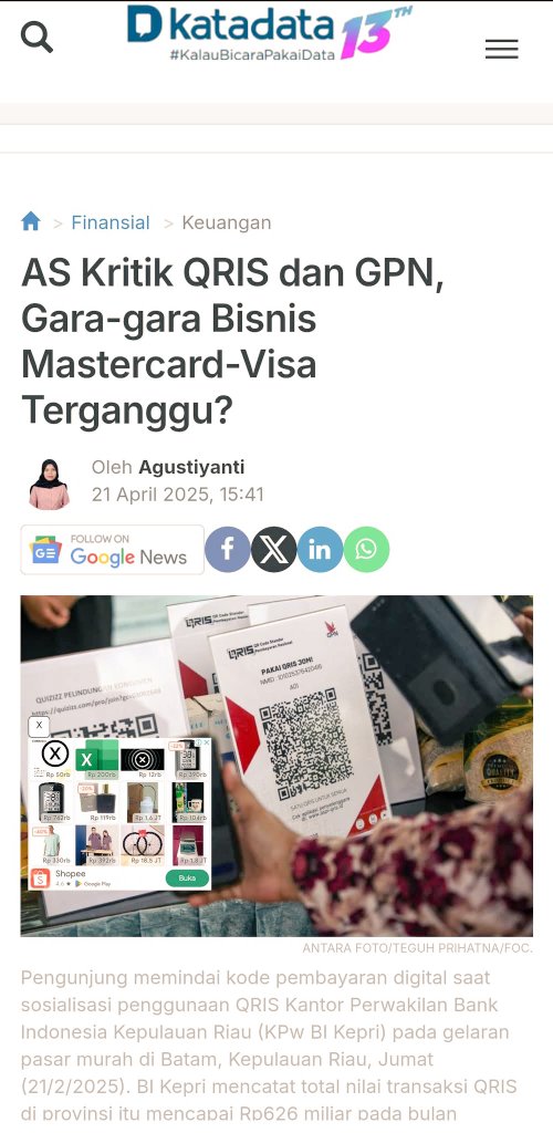 Konoha lagi bikin Drama
AS alias Triump  ga suka QRiS, krn dianggap Kedaulatan Kohona.

Negara hrs kekeuh ada Qris buat mempertahankan harga diri &amp; alat tawar menawar bisnis dg AS.

QRiS itu pintu masuk perbudakan Modern tujuannya Rupiah Digital.

⬇️