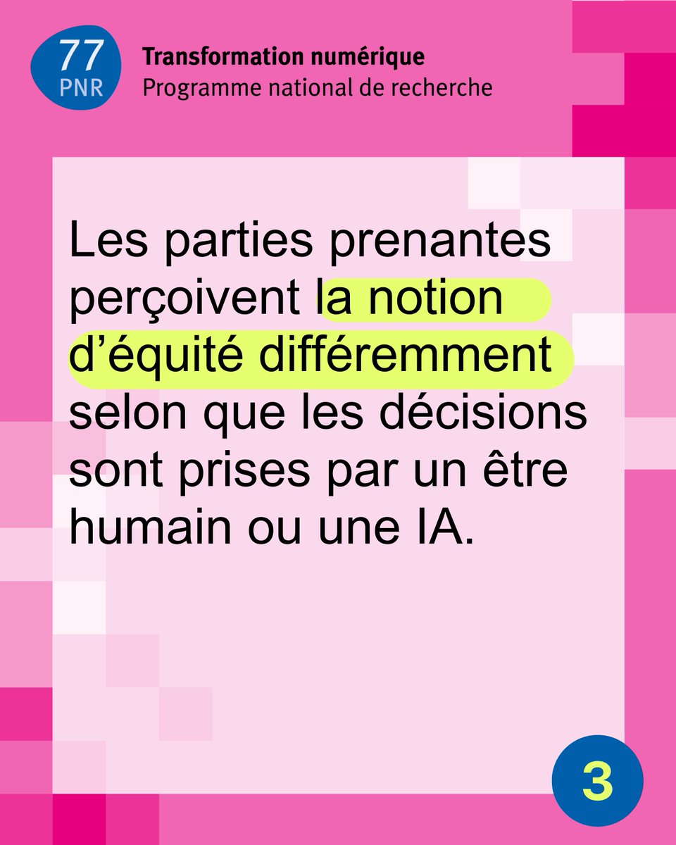l'IA équitable comme facteur de succès ! 

Trois messages essentiels du projet de recherche de Klaus Möller et de son équipe.

➡️ Contexte, objectifs et importance du projet de recherche : nfp77.ch/fr/RTQkloYMYHJ…

#PNR77 #TransformationNumérique #Confiance #IA