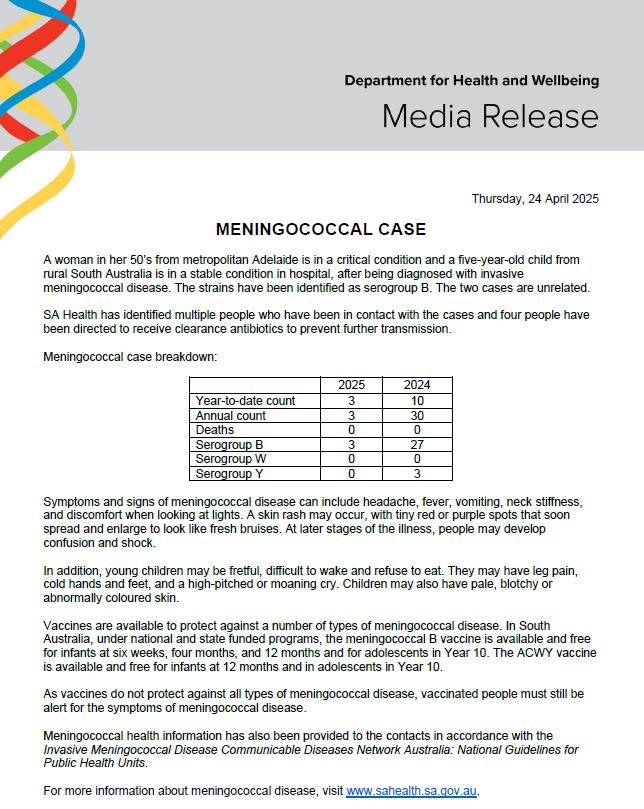 HEALTH ALERT: Meningococcal case - 24 April 2025