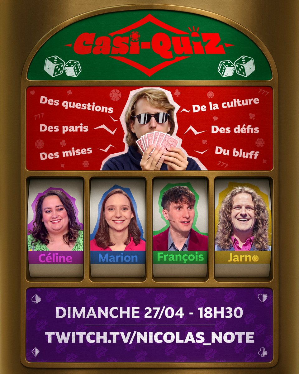 nicolas_note_'s tweet photo. Ça fait quelque temps que je travaille dessus, il est enfin prêt : un nouveau concept de quiz, sans buzzer ni timer, dans une ambiance de casino.

Céline, Marion, François et Jarno seront les candidats de cette (première ?) édition !

https://t.co/crR0qa8XFZ

@CamdenSq @MLuzynski https://t.co/eBUlMruDNo