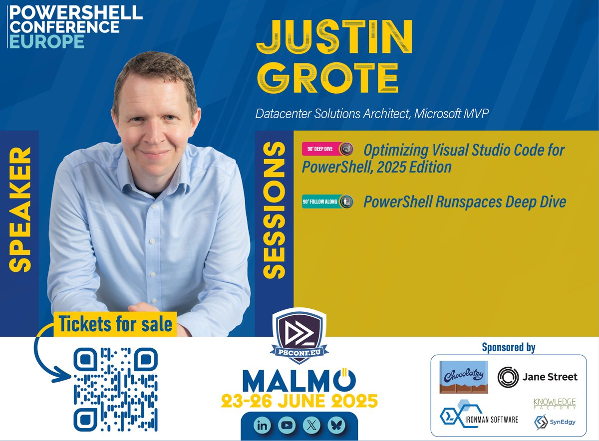 PSConfEU (@psconfeu) on Twitter photo <a href="/JustinWGrote/">Justin Grote</a> will be on stage for #PSConfEU 2025 in #Malmö (23-26 June)!
🎙️Optimizing Visual Studio Code for PowerShell, 2025 Edition
🎙️PowerShell Runspaces Deep Dive
🎟️ Tickets available at psconf.eu
#PowerShell #Skåne #Svenska #Sweden #IT <a href="/JustinWGrote/">Justin Grote</a> will be on stage for #PSConfEU 2025 in #Malmö (23-26 June)!
🎙️Optimizing Visual Studio Code for PowerShell, 2025 Edition
🎙️PowerShell Runspaces Deep Dive
🎟️ Tickets available at psconf.eu
#PowerShell #Skåne #Svenska #Sweden #IT