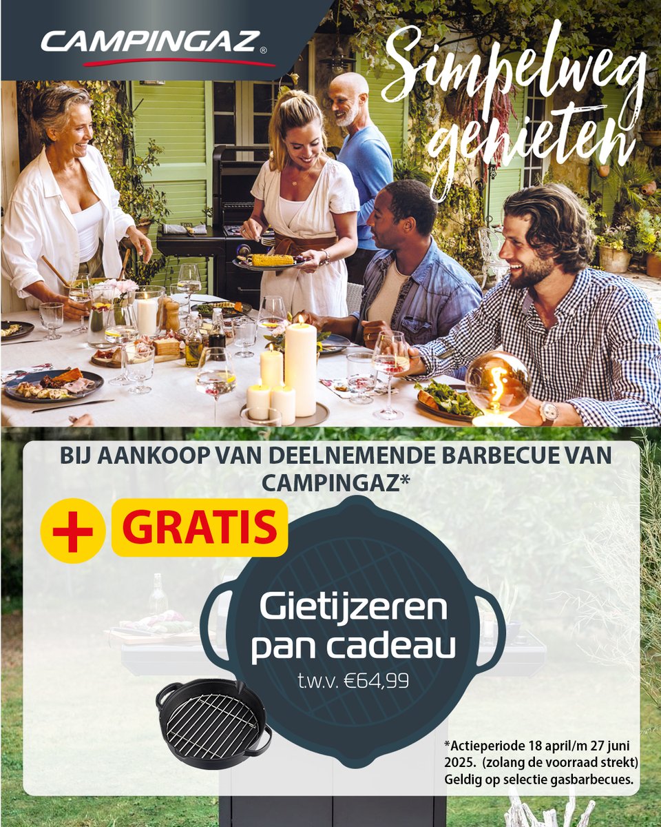 pelckmans's tweet photo. Het barbecueseizoen wordt nu nog lekkerder! Bij aankoop van één van deelnemende Campingaz barbecues nu een gratis gietijzeren pan t.w.v. € 64,99*
*Actie onder voorwaarden, zie https://t.co/LXGsojuBIg https://t.co/LwErcijiBQ