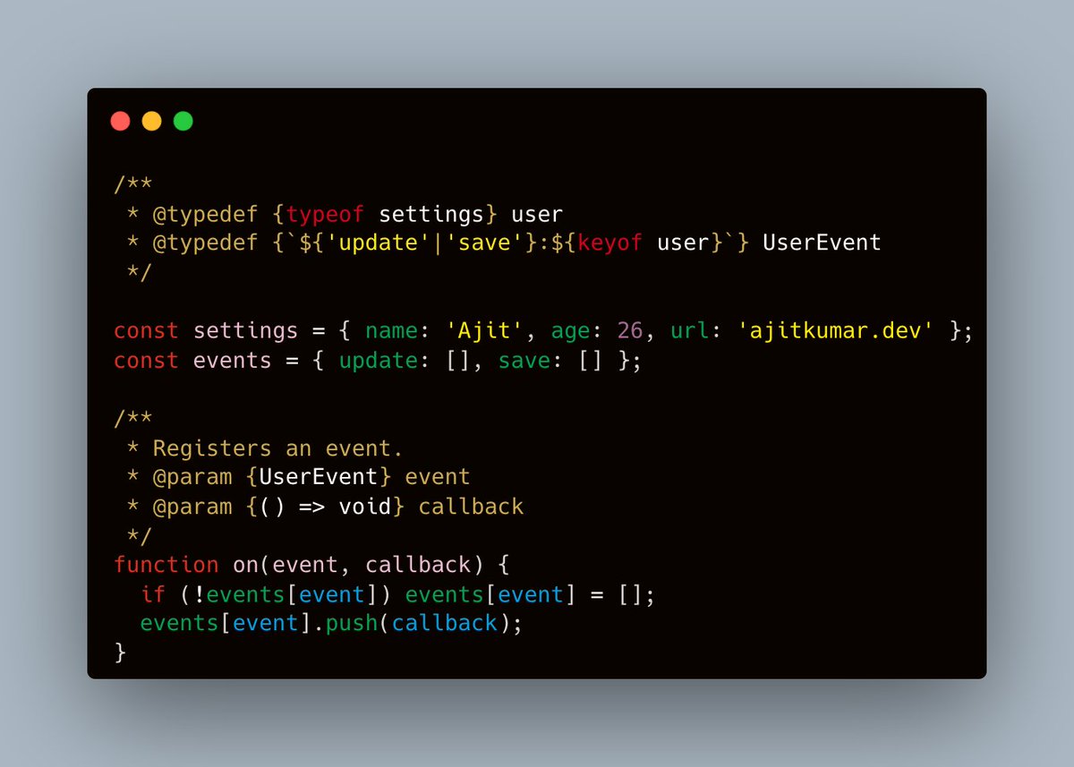 ajitkumar_dev's tweet image. Just discovered a cool way to get TypeScript-like autocomplete in plain JavaScript using JSDoc + template literal types!
Works beautifully for event names like &apos;update:name&apos; or &apos;save:url&apos;.
No TS setup needed. Just smarter JS.

#javascript #typescript #webdev #jsTricks